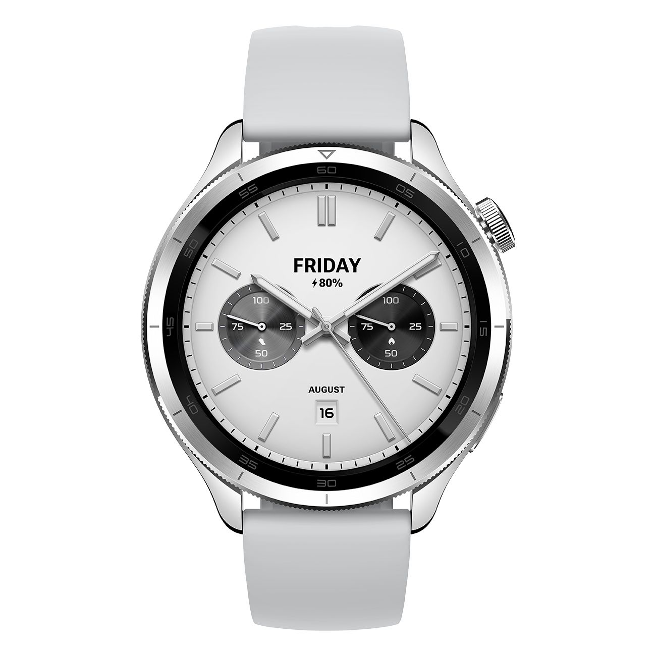 Smartwatch mit weißem Zifferblatt und grauem Armband. Zeigt Datum und Uhrzeit an. Draufsicht.