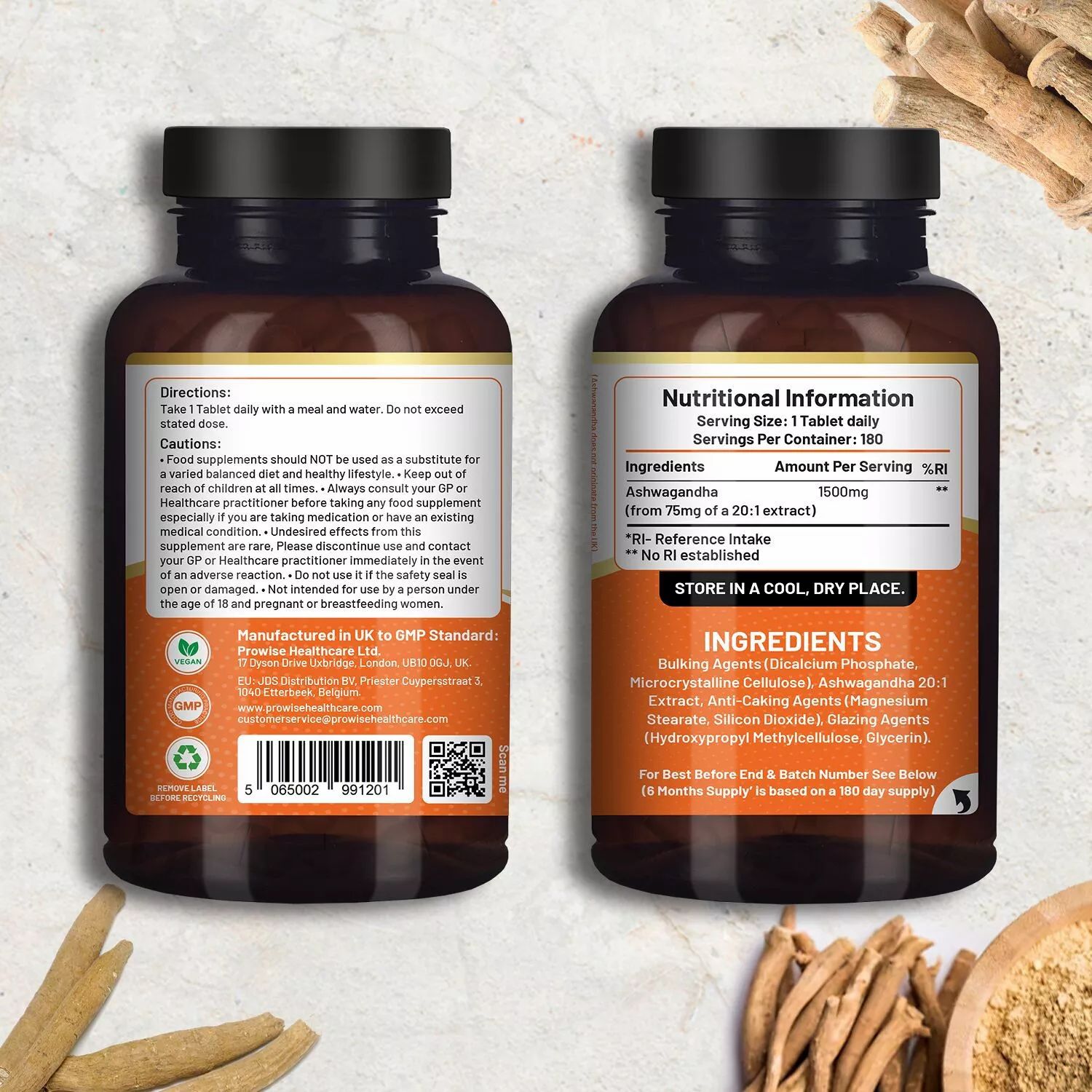 Braune Flasche mit Tabletten. Etikett mit Nährwertangaben und Inhaltsstoffen. Text: Ashwagandha, 1500mg. GMP-Standard.
