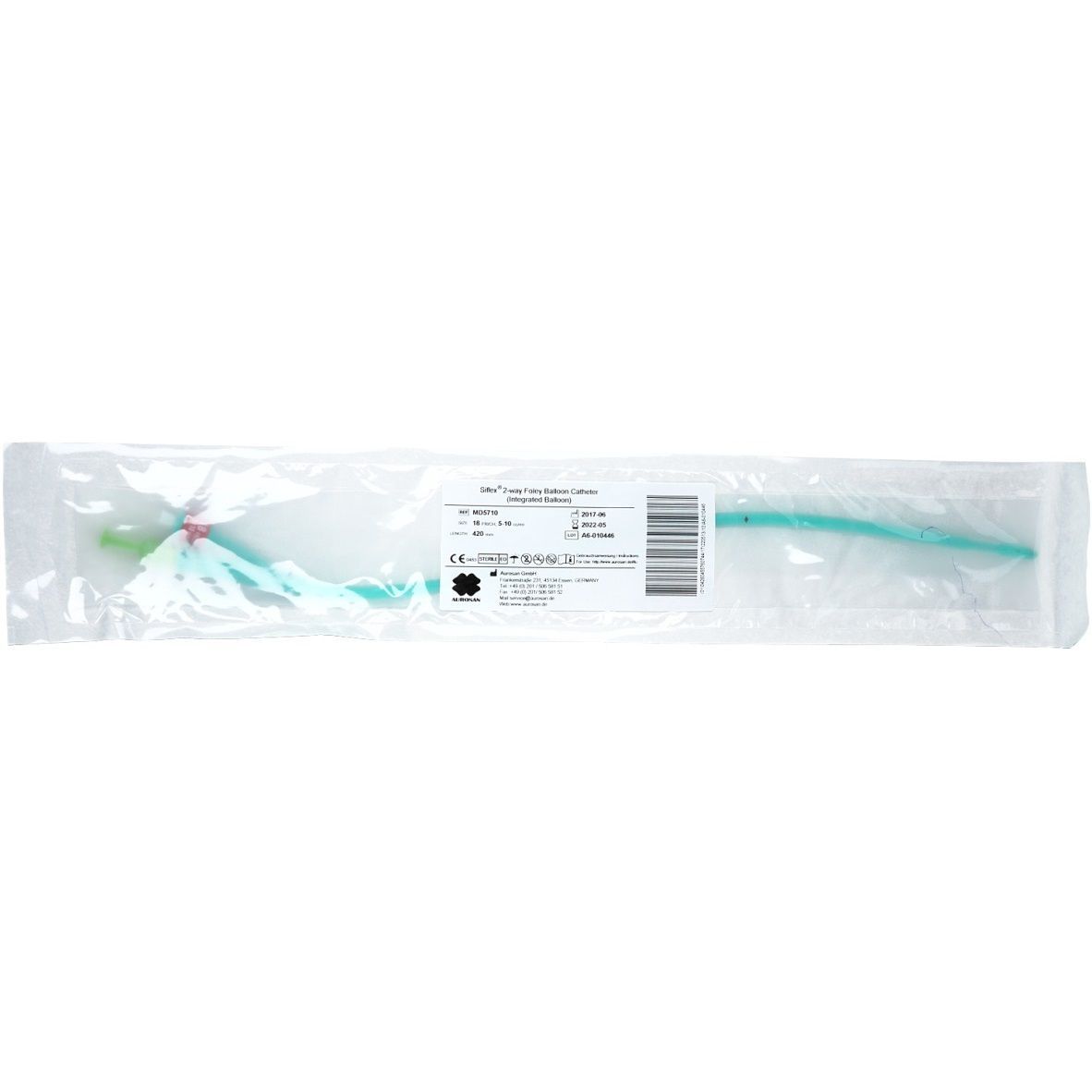 Verpackter Ballonkatheter, grün. Aufdruck mit Produktinformationen und Barcode. CE-Kennzeichnung.
