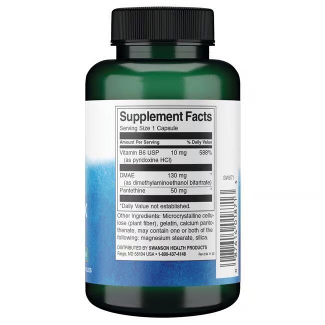 Rückseite der grünen Flasche. Etikett mit Nährwertangaben: Vitamin B6, DMAE, Pantethine. Weitere Inhaltsstoffe. Hergestellt von SWANSON HEALTH PRODUCTS.