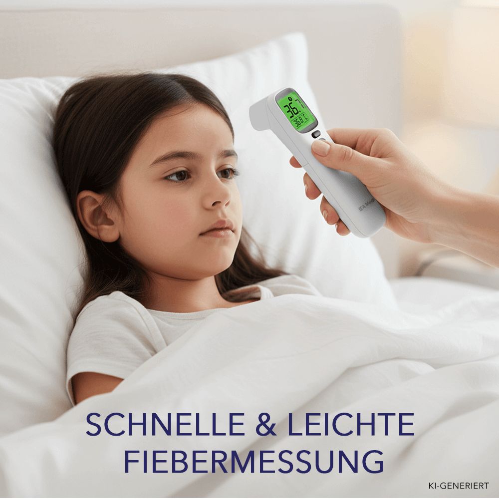 Ein Kind liegt im Bett, eine Hand hält ein Fieberthermometer mit grünem Display an seine Stirn.