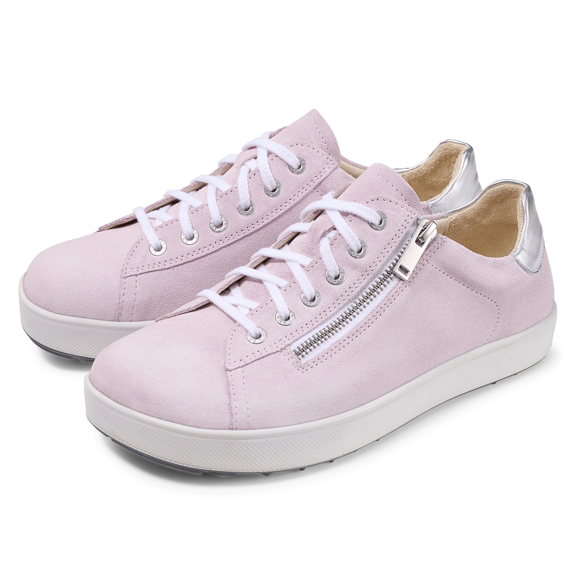 Rosa Schnürschuhe mit Reißverschluss und weißer Sohle. Silberfarbener Einsatz an der Ferse. Weiße Schnürsenkel.