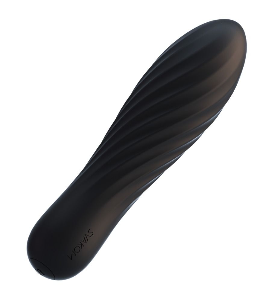Schwarzer Vibrator mit spiralförmiger Oberfläche. Der Markenname SVAKOM ist am unteren Ende zu sehen.