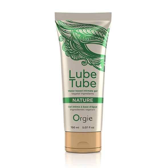 Creme-Tube mit grünem Design und Schriftzug. Aufschrift: Lube Tube, Nature, Orgies. Goldfarbener Verschluss.