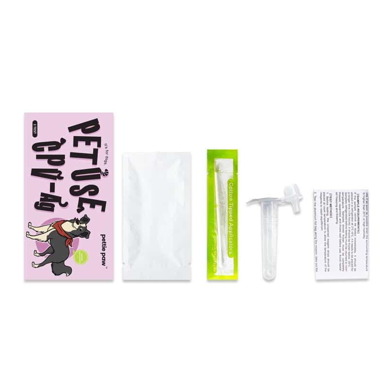 Testkit für Hunde. Enthält Testkassette, Beutel, Tupfer, Tropfer und Anleitung. Aufschrift: Pet Use CPV-Ag.