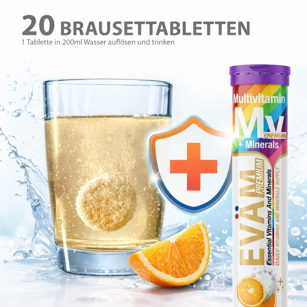 EVÄM Multivitamin + Mineralien Tube und Glas Wasser. 20 Brausetabletten. Orange-Geschmack. Vegan. Auflösen und trinken.