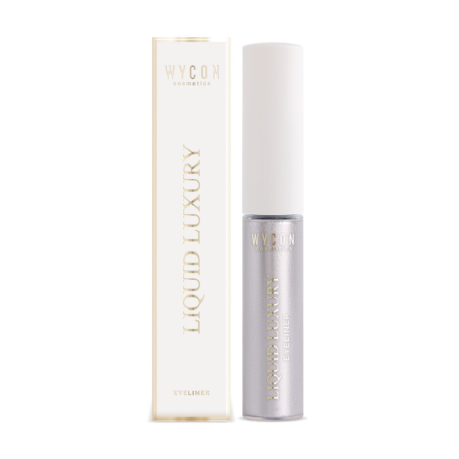 Eyeliner WYCON Cosmetics Liquid Luxury 01 argento. La confezione mostra un tubetto di eyeliner liquido argentato e una scatola bianca. Il nome del prodotto e il marchio sono stampati sul tubetto e sulla scatola.