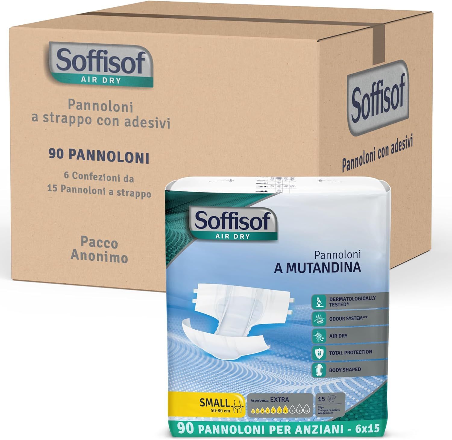 Karton mit Soffisof Air Dry Windeln für Erwachsene. Eine Packung und eine Box mit 90 Stück.