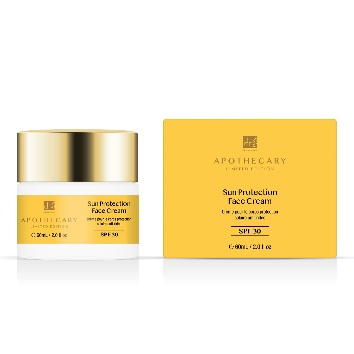 Dr Botanicals Creme, goldener Deckel, gelbes Etikett. Text: Sun Protection Face Cream SPF 30. Verpackung.