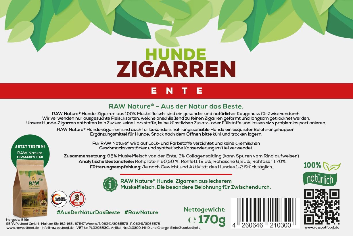 RAW Nature Hundesnack, Ente Hunde-Zigarren, Dörrfleisch Kausnack