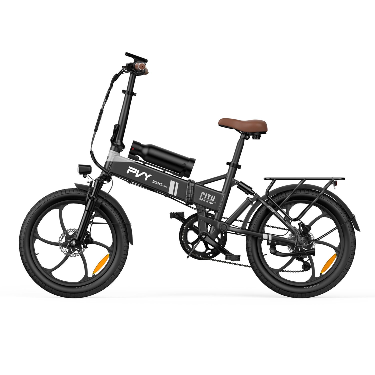 Schwarzes E-Bike mit braunem Sattel und Akku. PVY Z20 MAX Schriftzug.