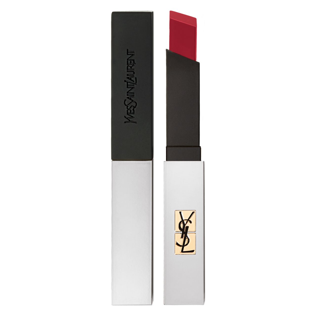 Lippenstift, schlanke Form, geöffnet und geschlossen. Schwarzer Deckel mit weißem Gehäuse. YSL-Logo.