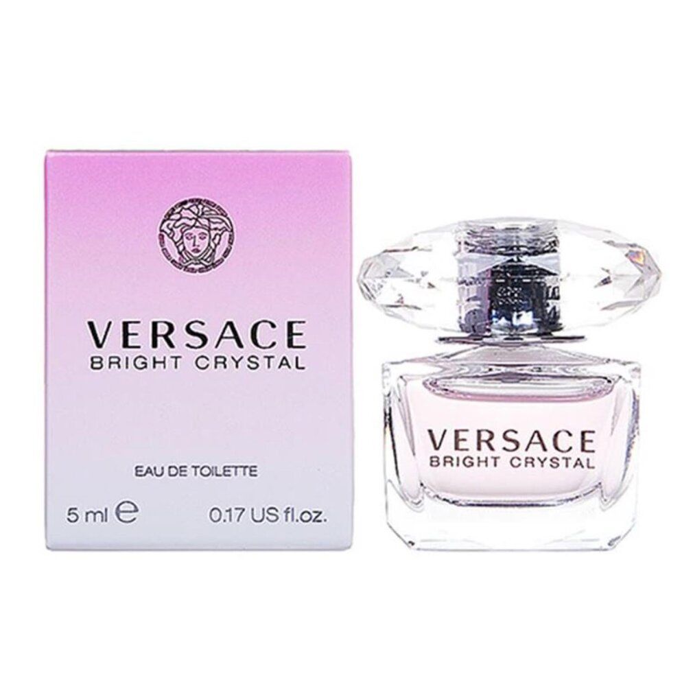 Flakon und Verpackung von Versace Bright Crystal. Flakon transparent mit Kristallverschluss. Verpackung rosa mit Logo und Schriftzug.