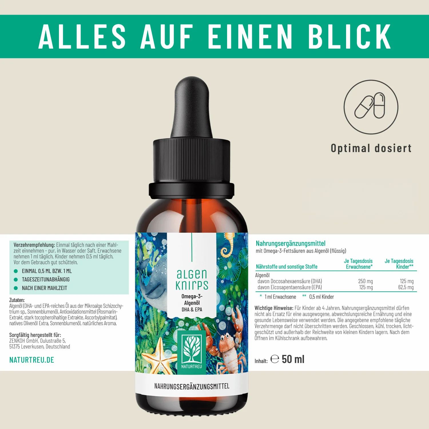 Flasche Algenknirps Omega-3 Algenöl mit Pipette, Nährwertangaben sichtbar.