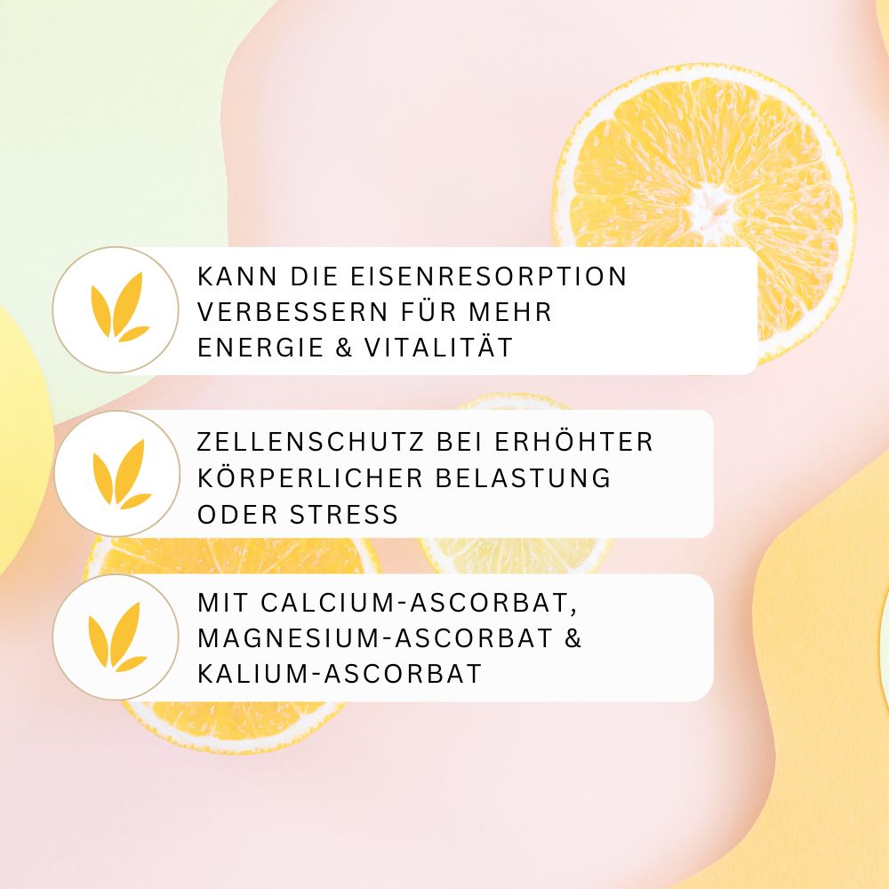 Zitronen- und Orangenscheiben. Text: Kann Eisenresorption verbessern, Zellschutz, mit Calcium-Ascorbat.