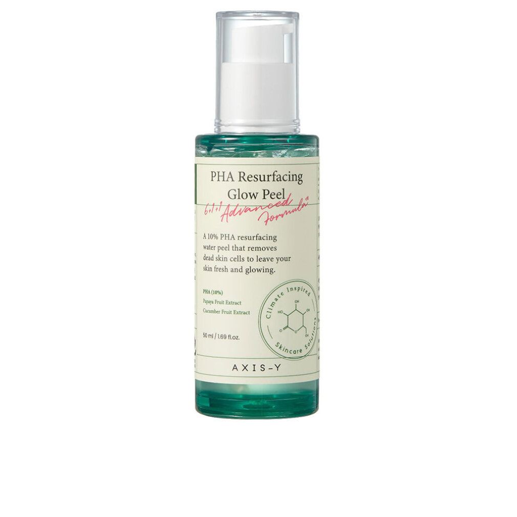 AXIS-Y PHA Resurfacing Glow Peel Flasche mit Pumpspender, auf einem Stück Papaya liegend.