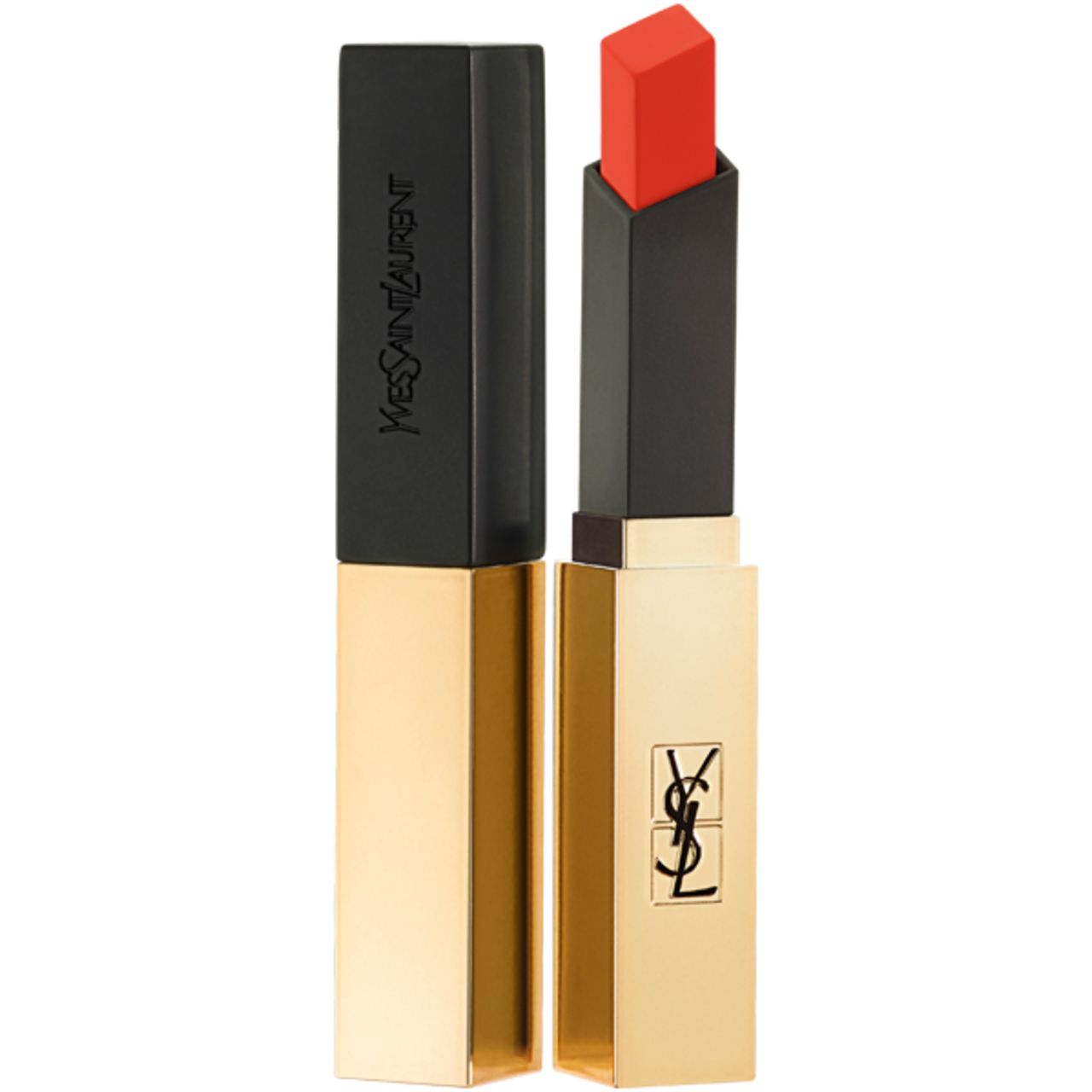 Yves Saint Laurent Lippenstift. Goldfarbener Behälter, schwarzer Deckel. Roter Lippenstift ist sichtbar. YSL-Logo.