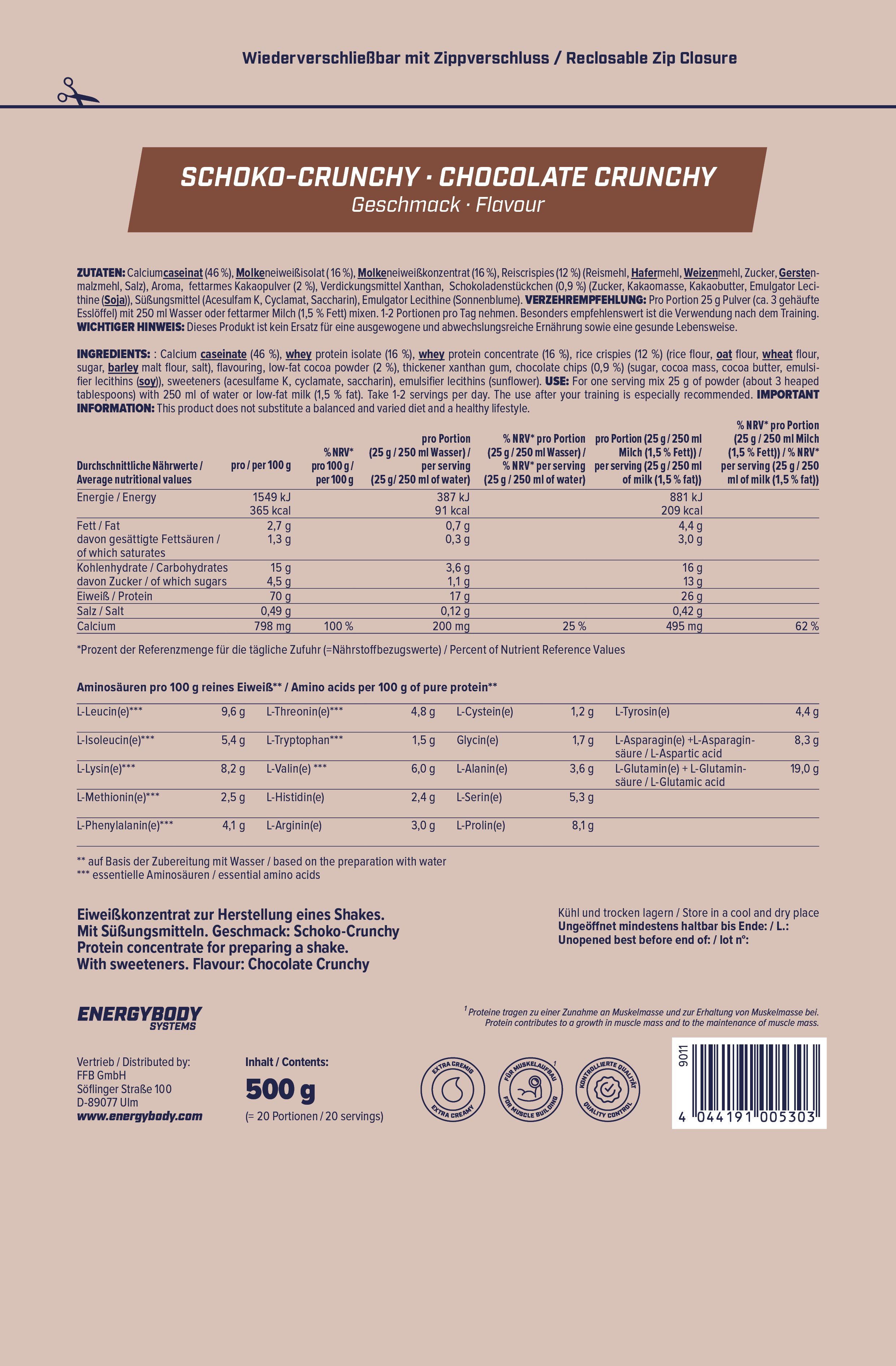 Rückseite der Mega Protein Verpackung. Text: Schoko-Crunchy, Nährwertangaben, Aminosäuren, Zutaten. Logo Energybody Systems. 500g, 20 Portionen.
