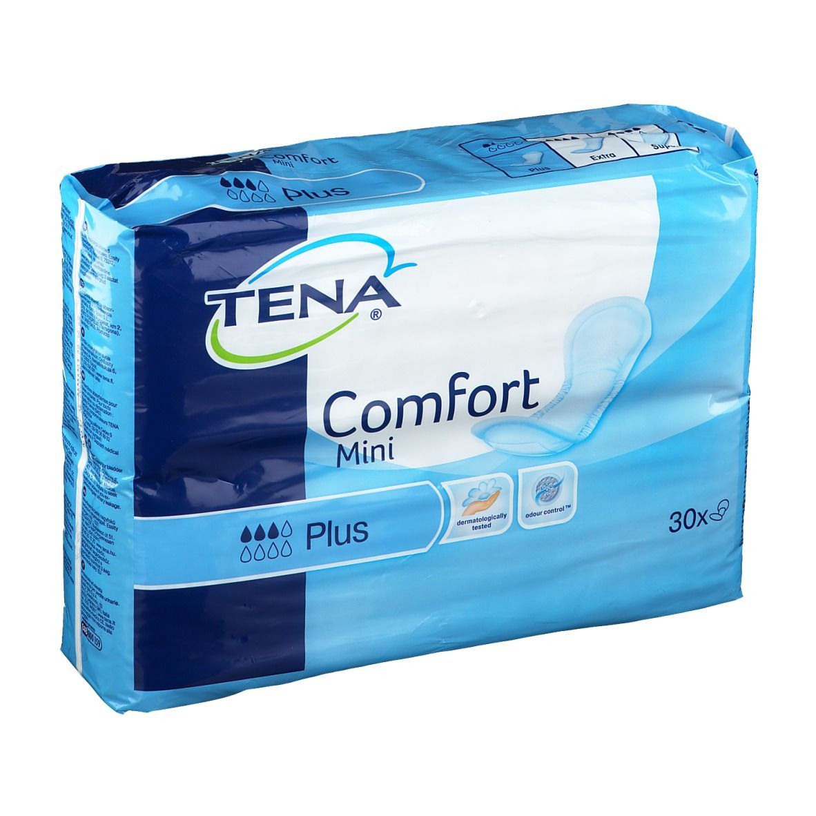 Tena Comfort Mini Einlagen, 30 Stück. Blaue Verpackung mit Produktabbildung.