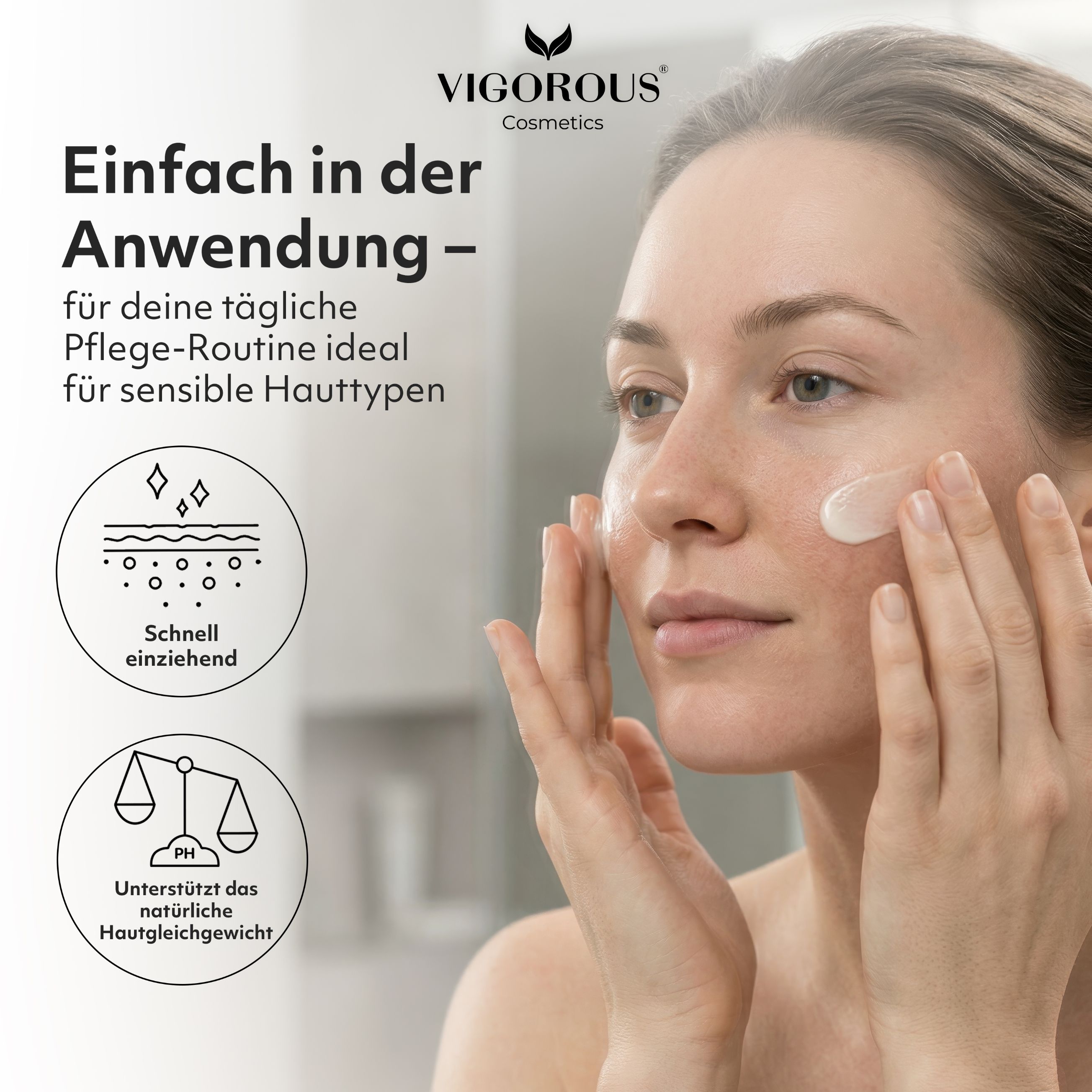 Frau trägt VIGOROUS Azelain Serum auf, zieht schnell ein, unterstützt das natürliche Hautgleichgewicht.