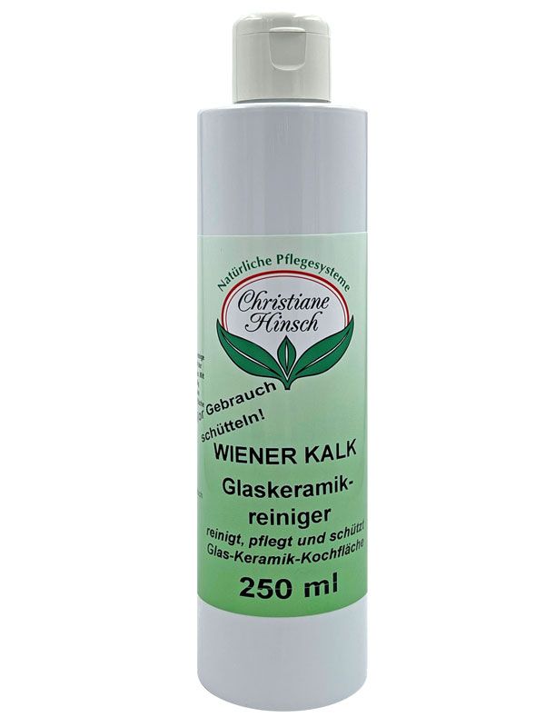 Weiße Flasche mit grünem Etikett. Aufschrift: Christiane Hinsch, Wiener Kalk Glaskeramik-Reiniger. Volumen: 250 ml.