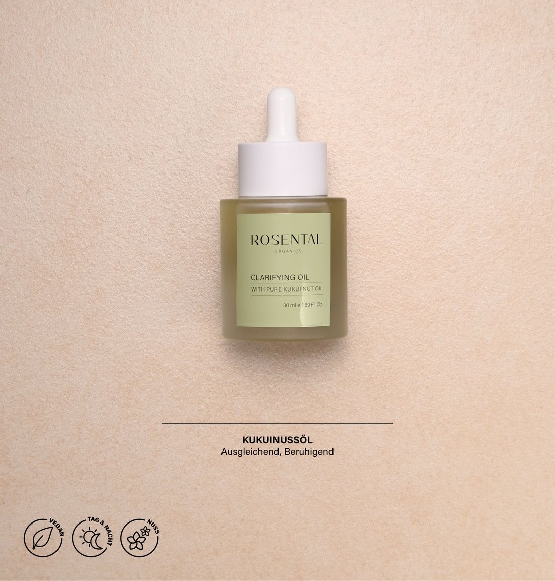 Klarifizierendes Öl auf beigem Hintergrund. Aufschrift: Rosental Organics, Clarifying Oil, mit Kukui-Nussöl. Text: Kukuinussöl.