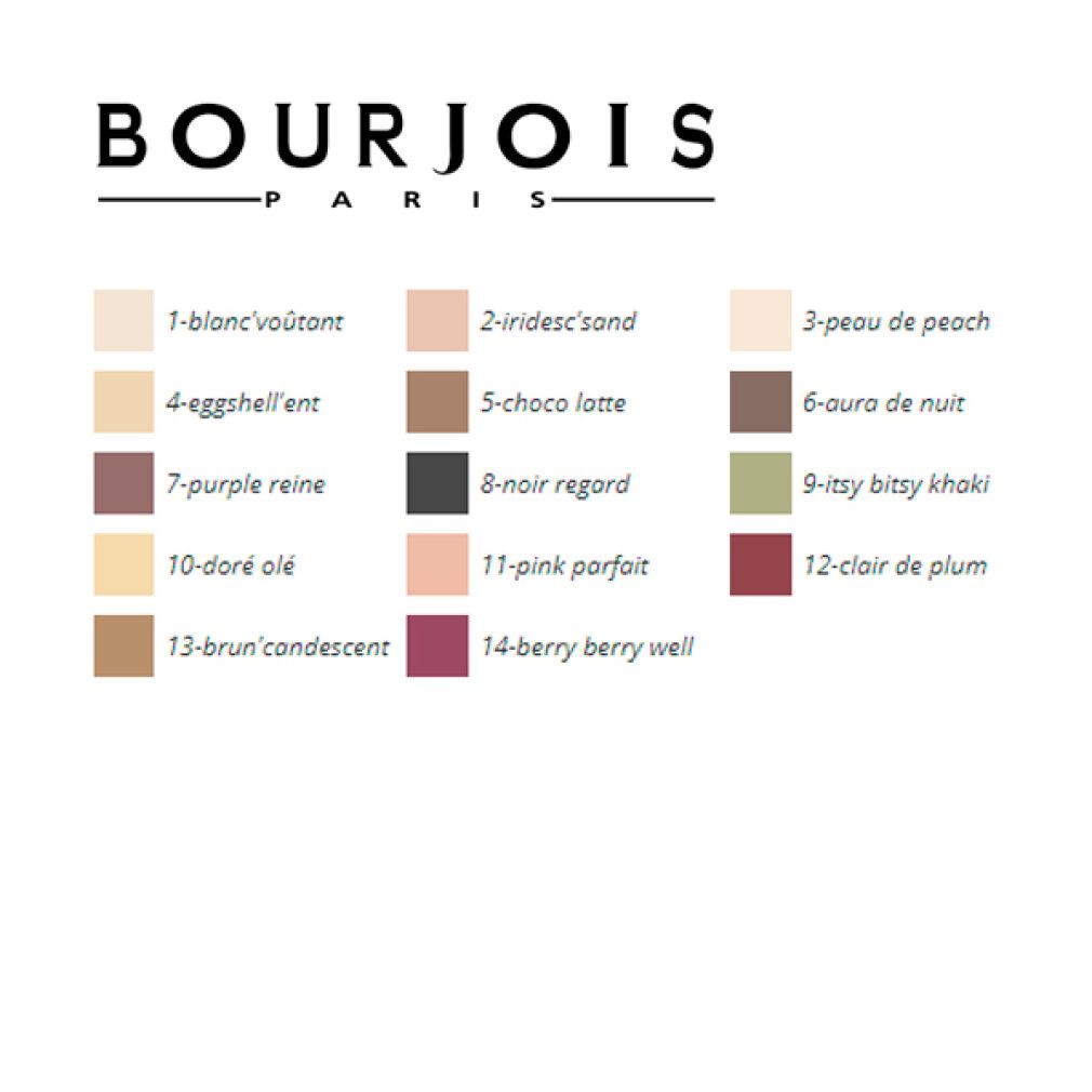 Palette de couleurs avec 14 teintes de fard à paupières. La marque Bourjois est affichée en haut.