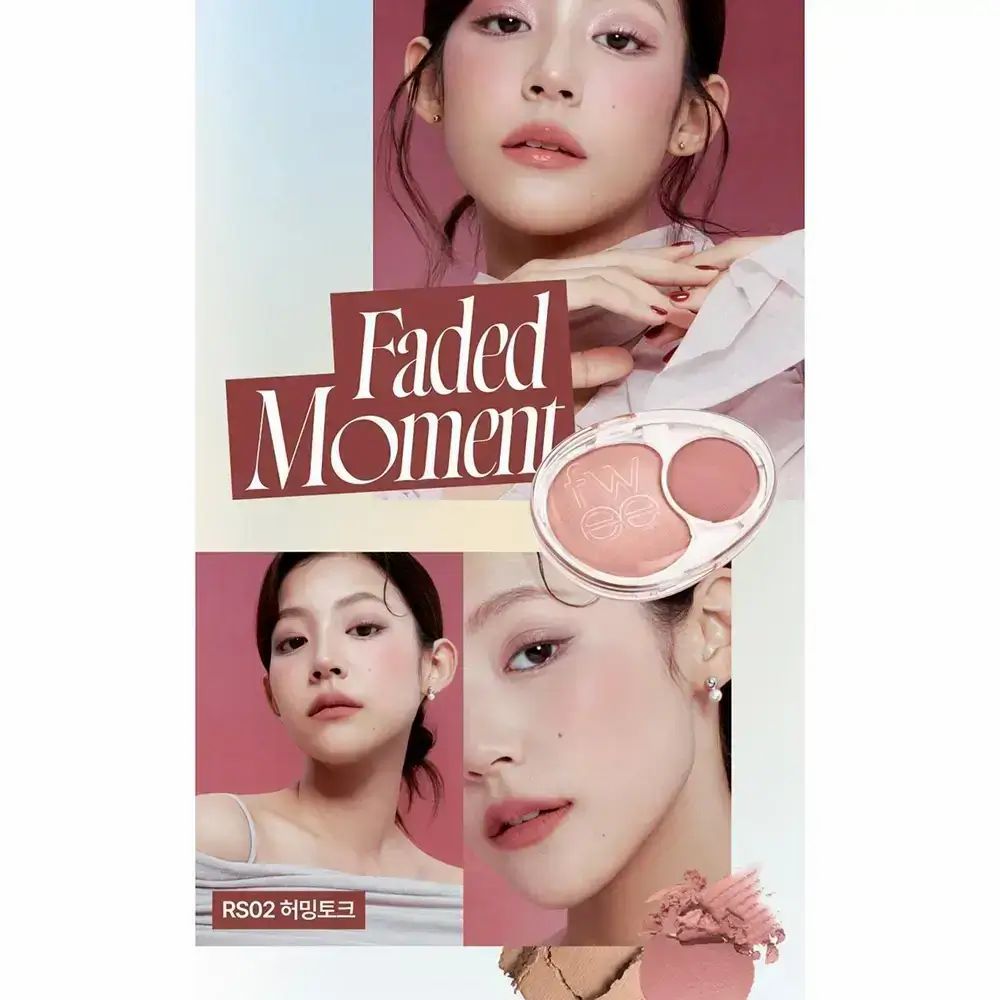 Werbebild. FWEE Mellow Dual Blusher RS02 Humming Talk. Mehrere Gesichter mit Rouge. Produkt in der Mitte.