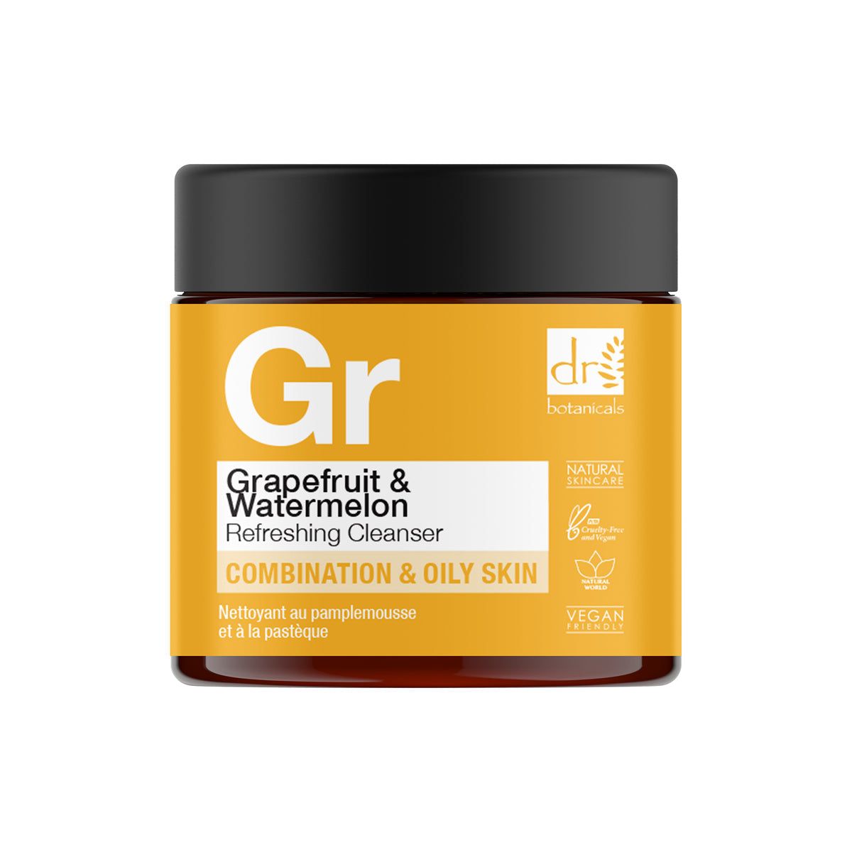 Gelbes Glas mit schwarzem Deckel. Aufschrift: "Gr", "Grapefruit & Watermelon Refreshing Cleanser", "Combination & Oily Skin".