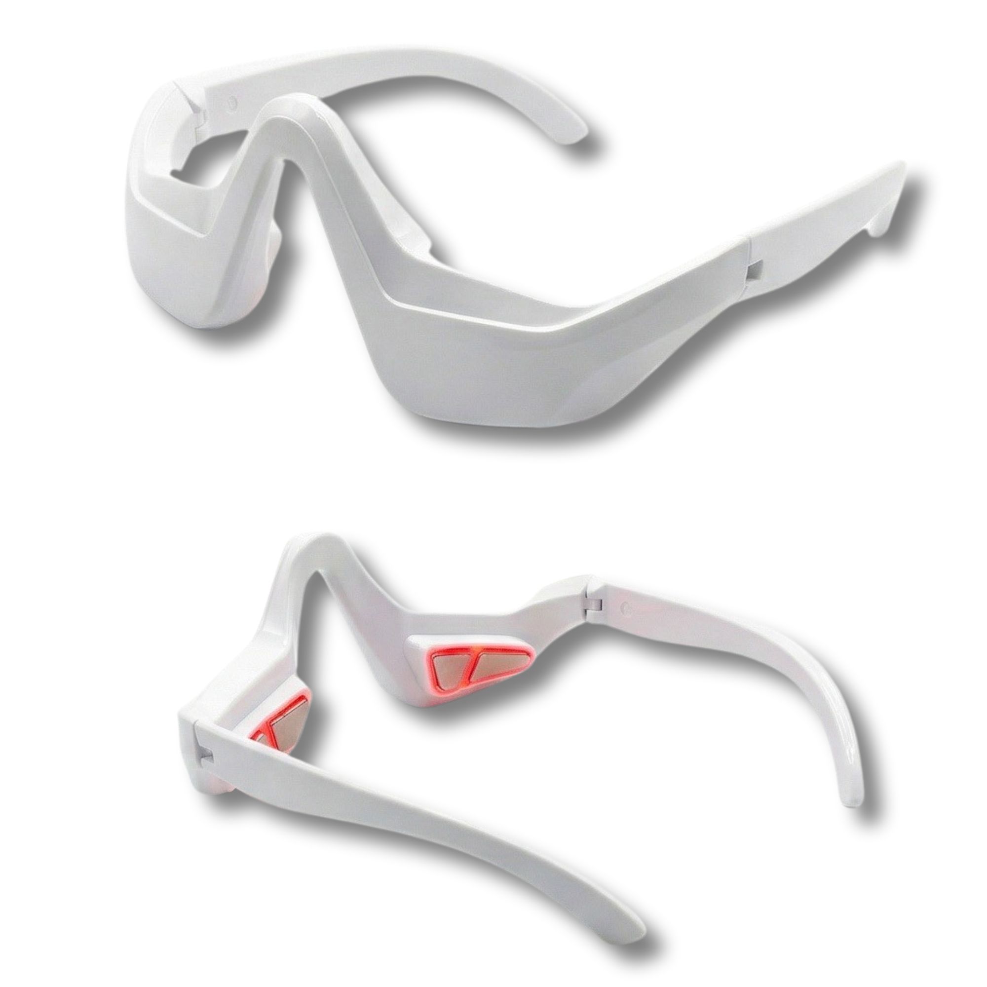 Zwei weiße Augenmasken-Geräte. Geschwungene Form mit rotem Licht. Das Gerät hat Bügel und bedeckt die Augenpartie.