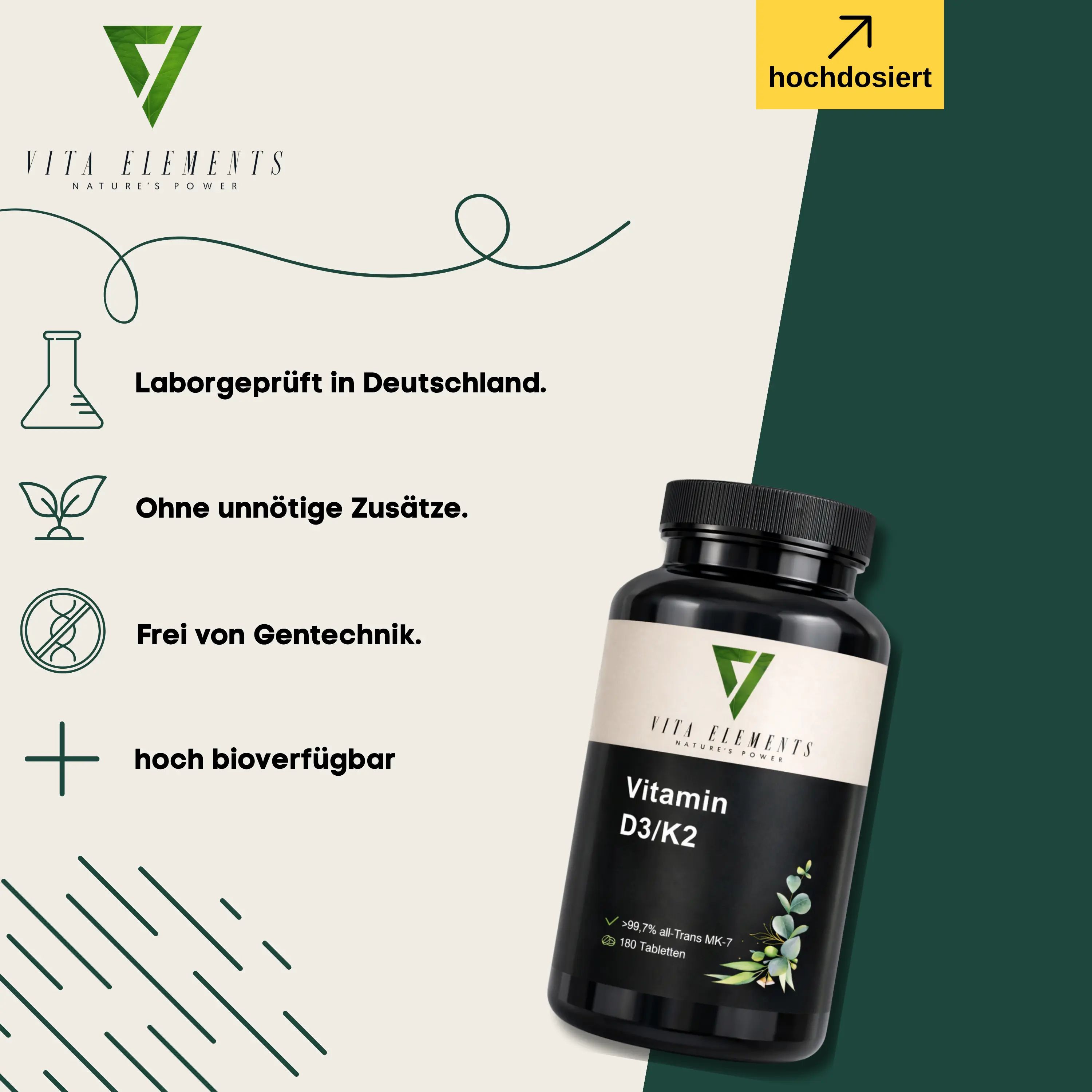 Vita Elements Vitamin D3/K2: Laborgeprüft, ohne Zusätze, gentechnikfrei, hoch bioverfügbar. Schwarzer Behälter.