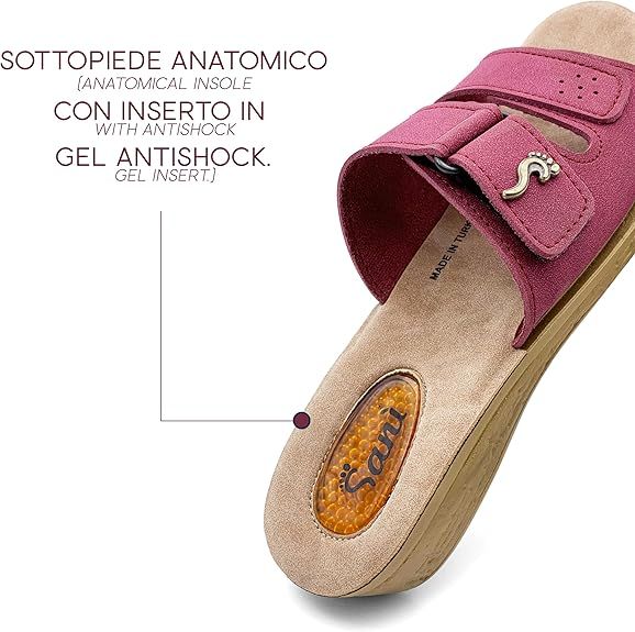 Sandalo rosso con chiusura a strappo. Marchio Sani. Testo 'SOTTOPIEDE ANATOMICO' e 'GEL ANTISHOCK'.
