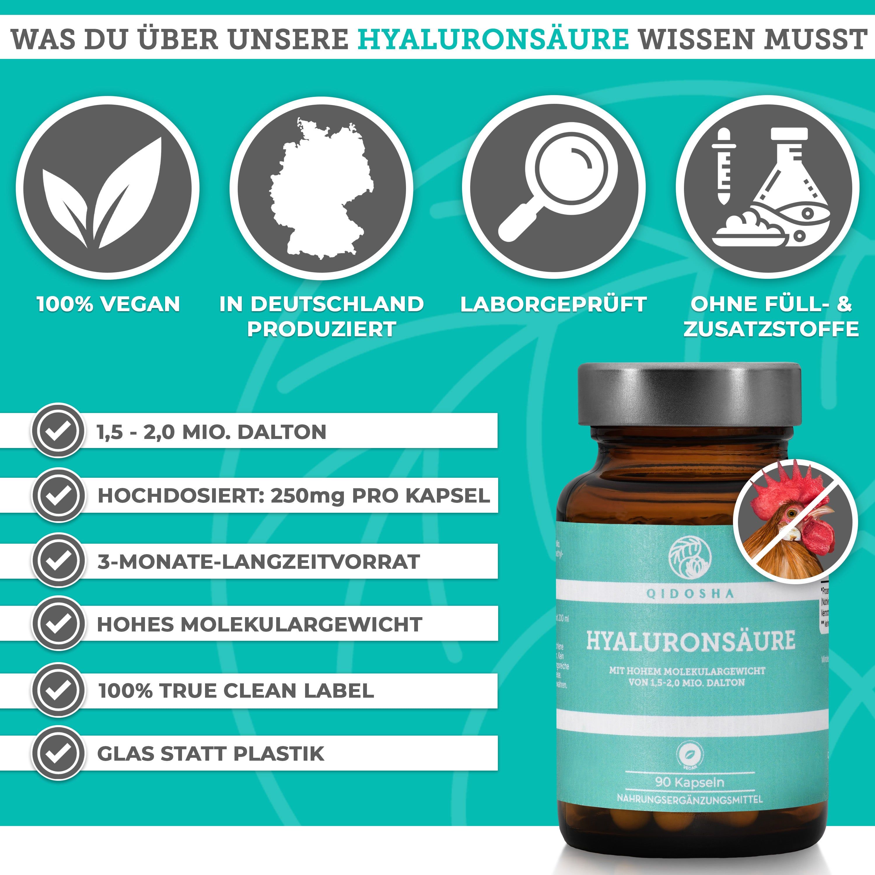 QIDOSHA Hyaluronsäure Kapseln: 1,5-2,0 Mio. Dalton, 250mg pro Kapsel, 3-Monatsvorrat, vegan, laborgeprüft.
