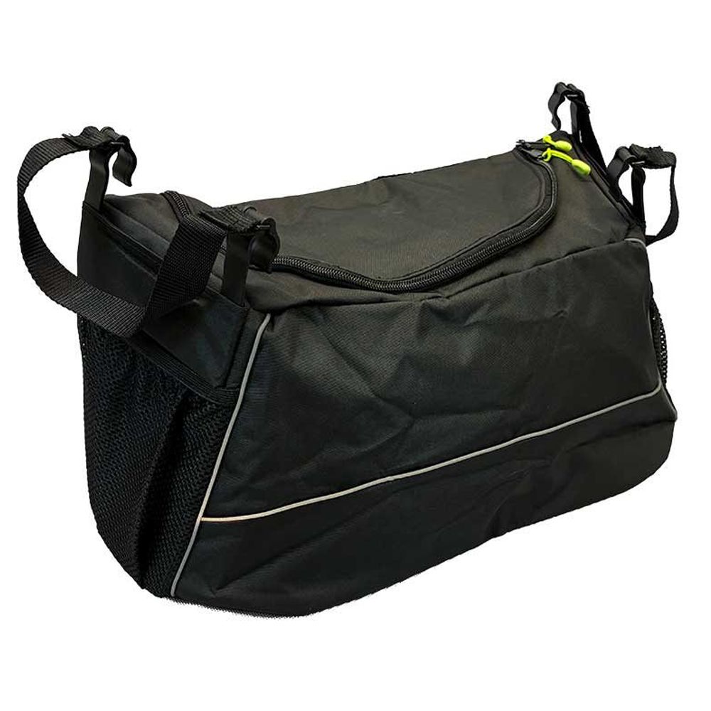 Schwarze Tasche mit Reißverschluss und Tragegurt. Seitliche Netztasche und reflektierende Streifen. Für Rollator.