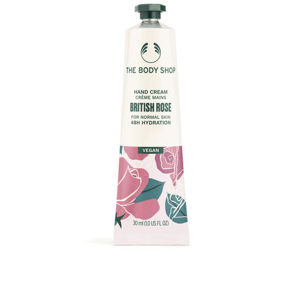 Creme-Tube mit Aufschrift "The Body Shop", "British Rose", für normale Haut. Vegan. Rosenmuster.