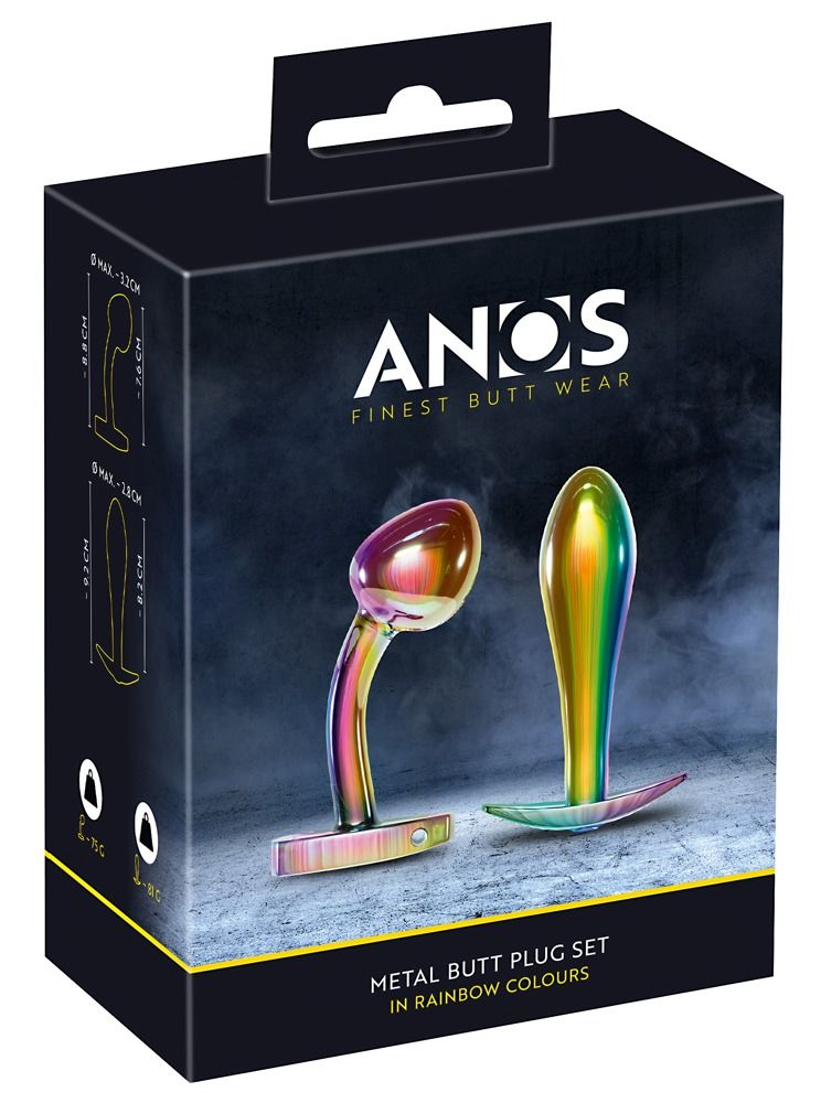 Verpackung mit zwei metallischen Anal-Plugs mit Regenbogen-Finish. Marke: ANOS.