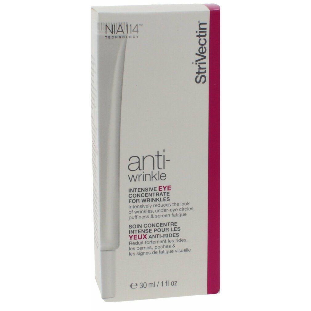 Weißer Karton mit Strivectin-Produkt. Text: Anti-Wrinkle, Intensive Eye Concentrate for Wrinkles. Rosa Akzente. 30 ml.