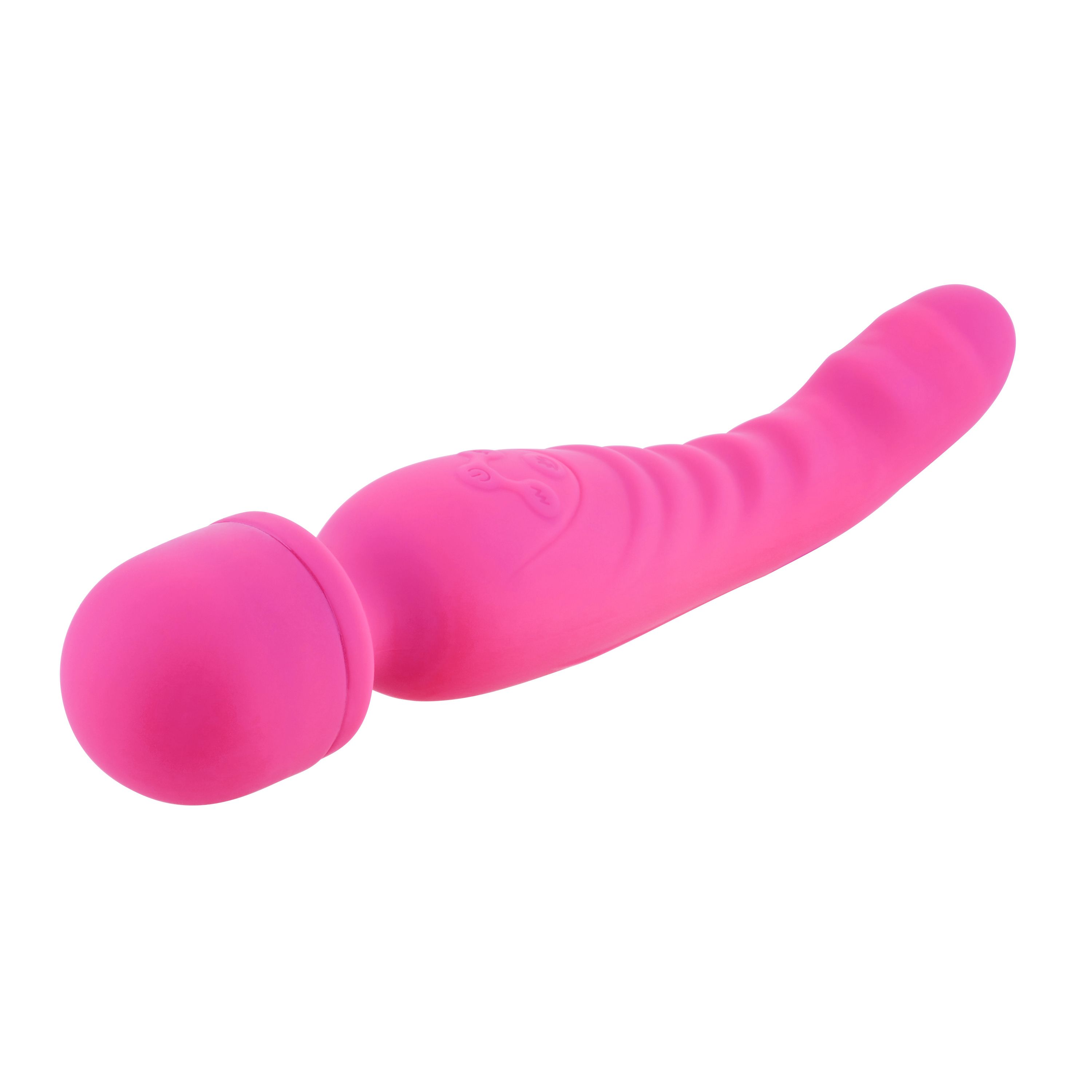 Pinkfarbener Vibrator mit abgerundetem Kopf und geriffeltem Schaft. Logo auf dem Schaft.