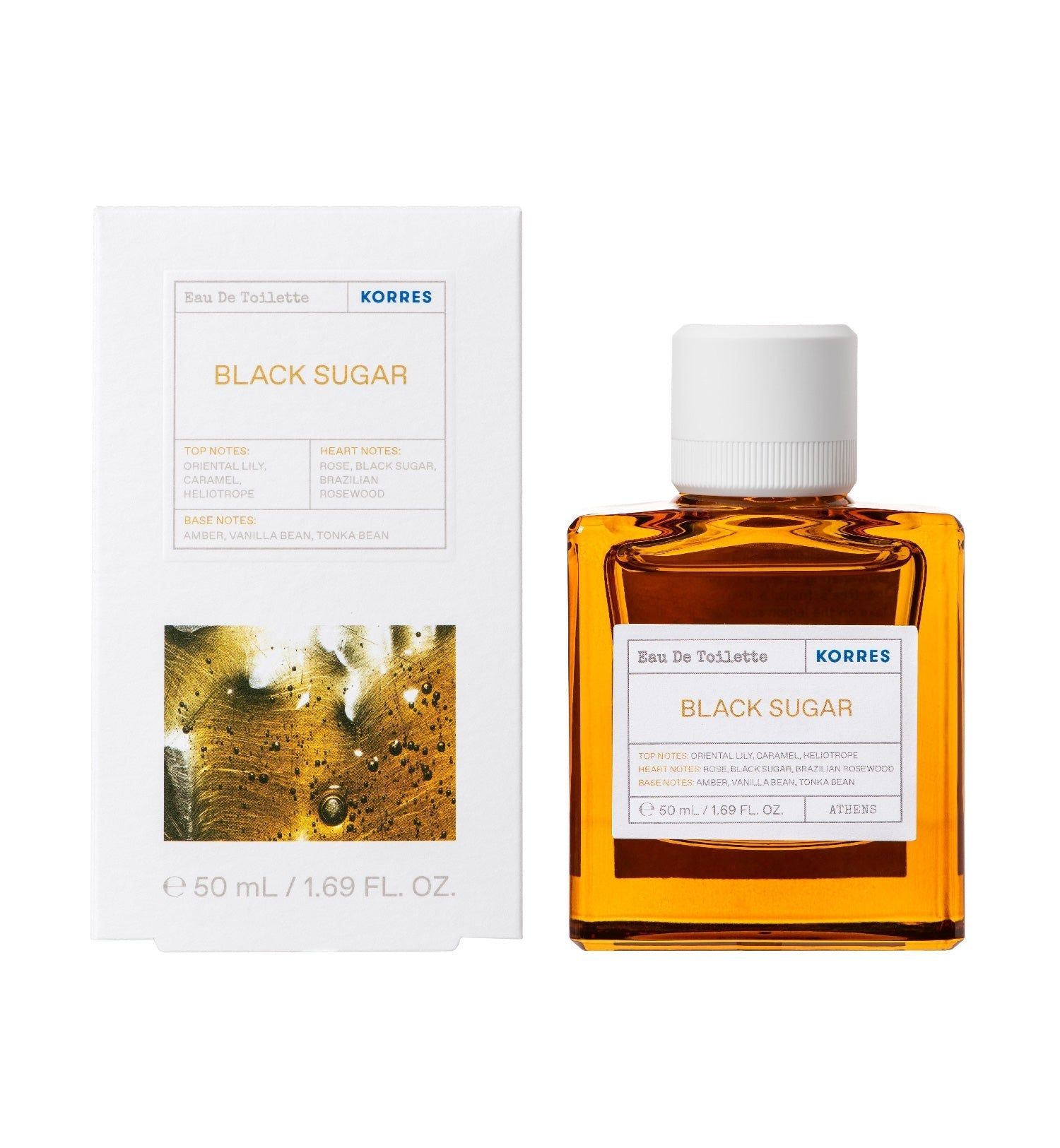 KORRES Black Sugar Eau de Toilette. Rechteckiger Flakon mit weißem Verschluss. Weiße Verpackung mit Produktinformationen.