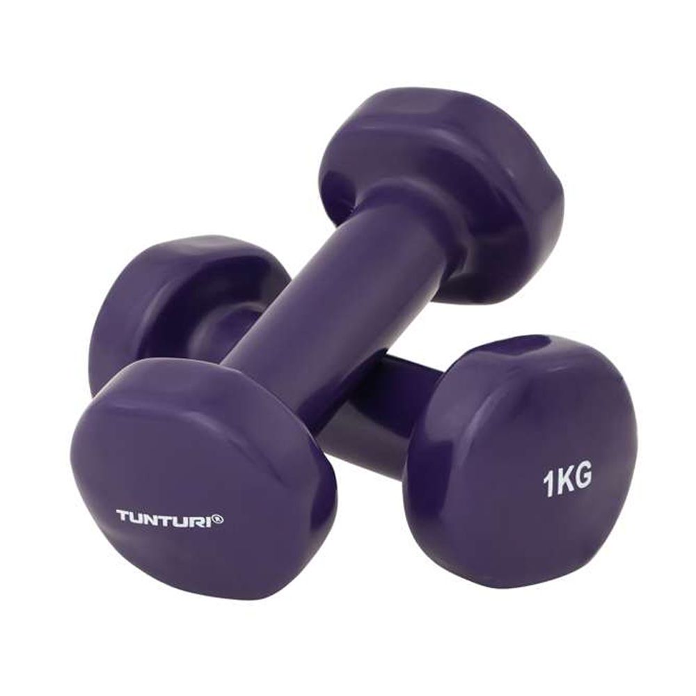 Zwei violette Kurzhanteln. Auf einer steht "TUNTURI". Auf einer anderen steht "1KG".