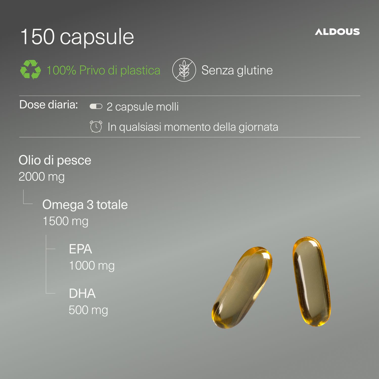 Aldous Omega 3 Premium: 150 Kapseln, plastikfrei, glutenfrei.