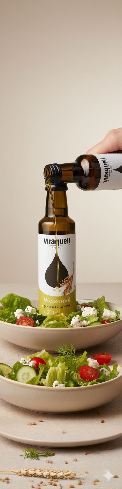 Flasche Vitaquell Weizenkeimöl wird über einen Salat gegossen. Ölflasche mit Etikett 'Weizenöl'.