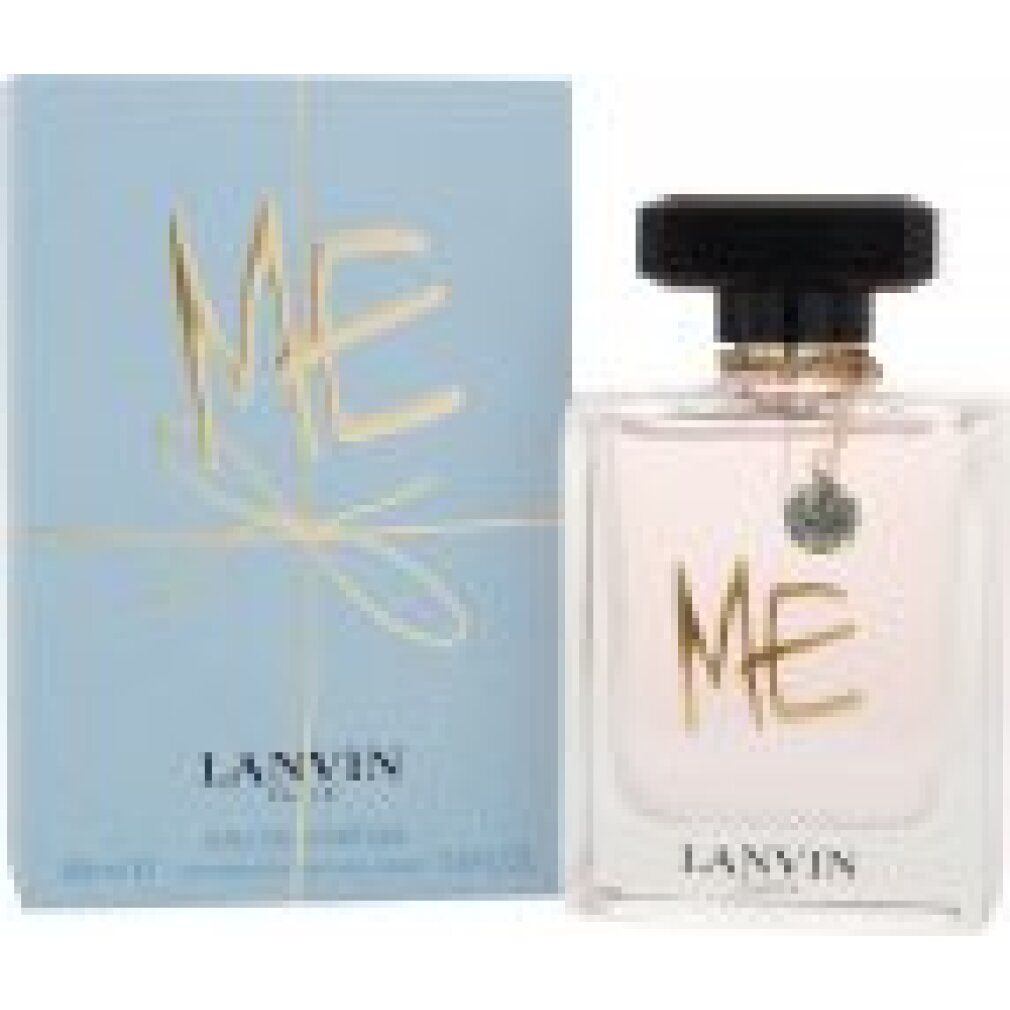 Parfümflakon und Verpackung. Flakon mit schwarzem Verschluss und Anhänger. Aufschrift "ME". Marke: Lanvin.
