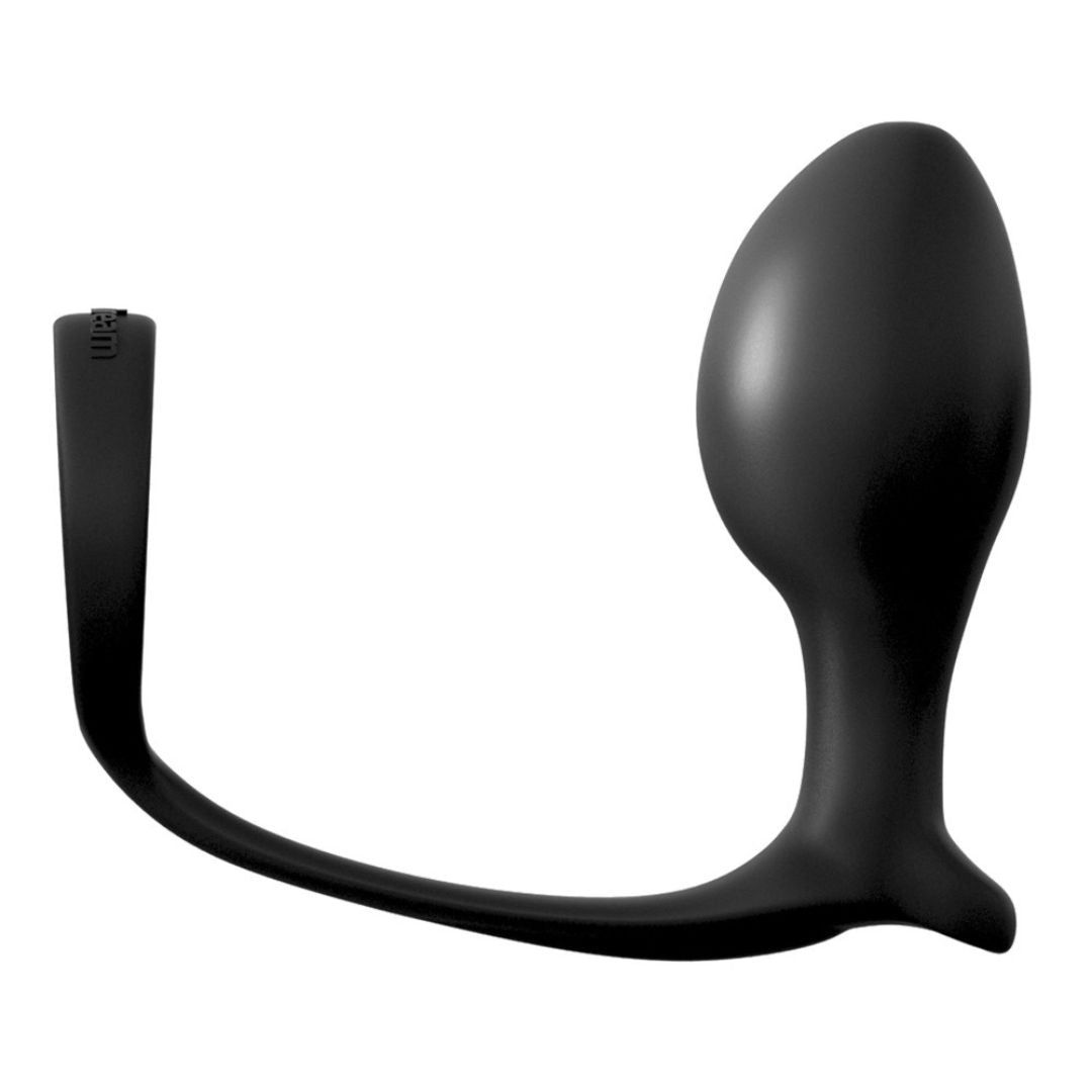 Schwarzer Analplug mit Penisring. Ring und Plug verbunden. Glatte Oberfläche.