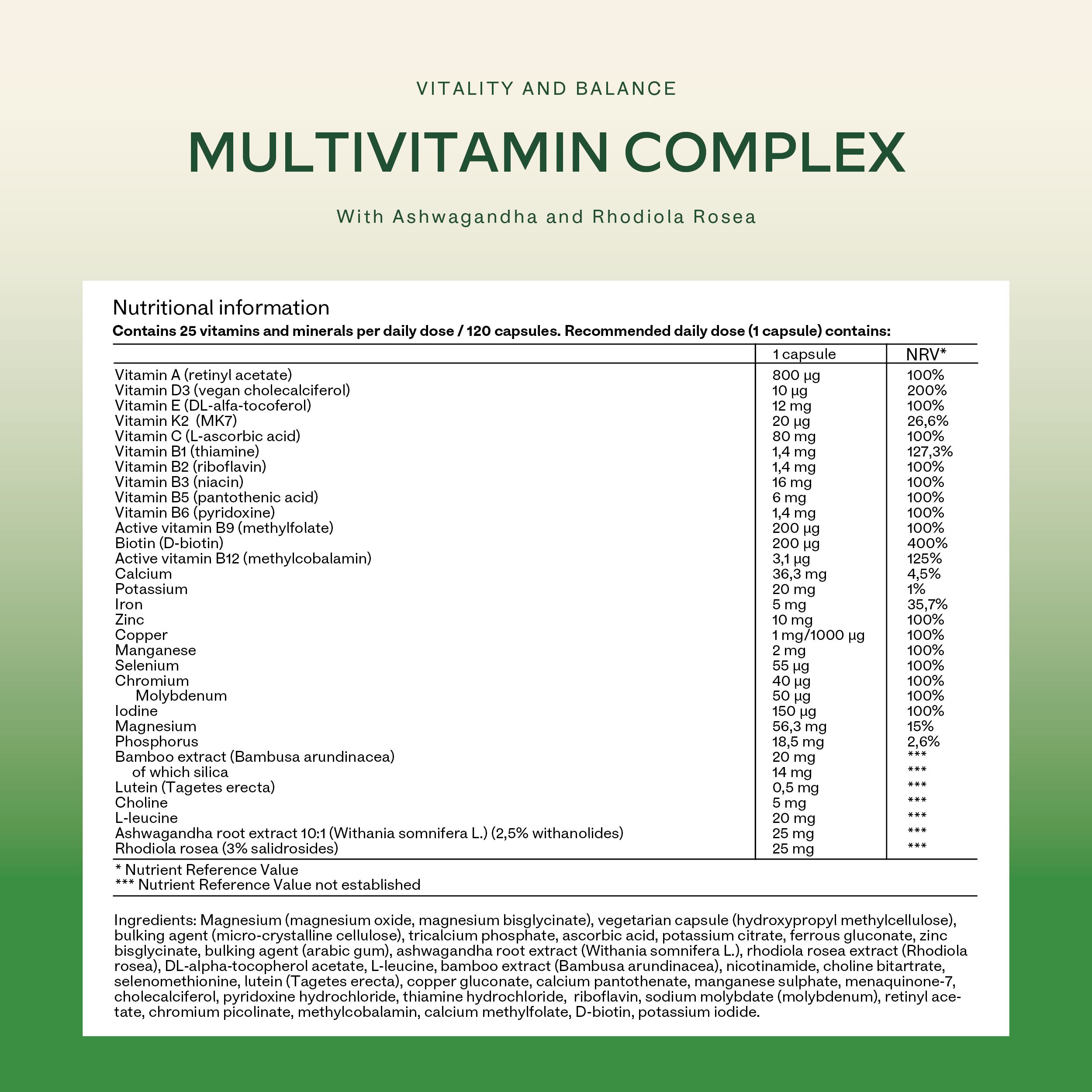 Detailansicht der Nährwertinformationen. Enthält 25 Vitamine und Mineralien pro Tagesdosis. Inhaltsstoffe aufgelistet.