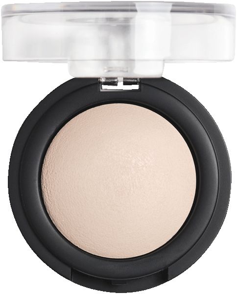 Runder, schwarzer Behälter mit hellem, gebackenem Lidschatten. Klarsichtdeckel oben.