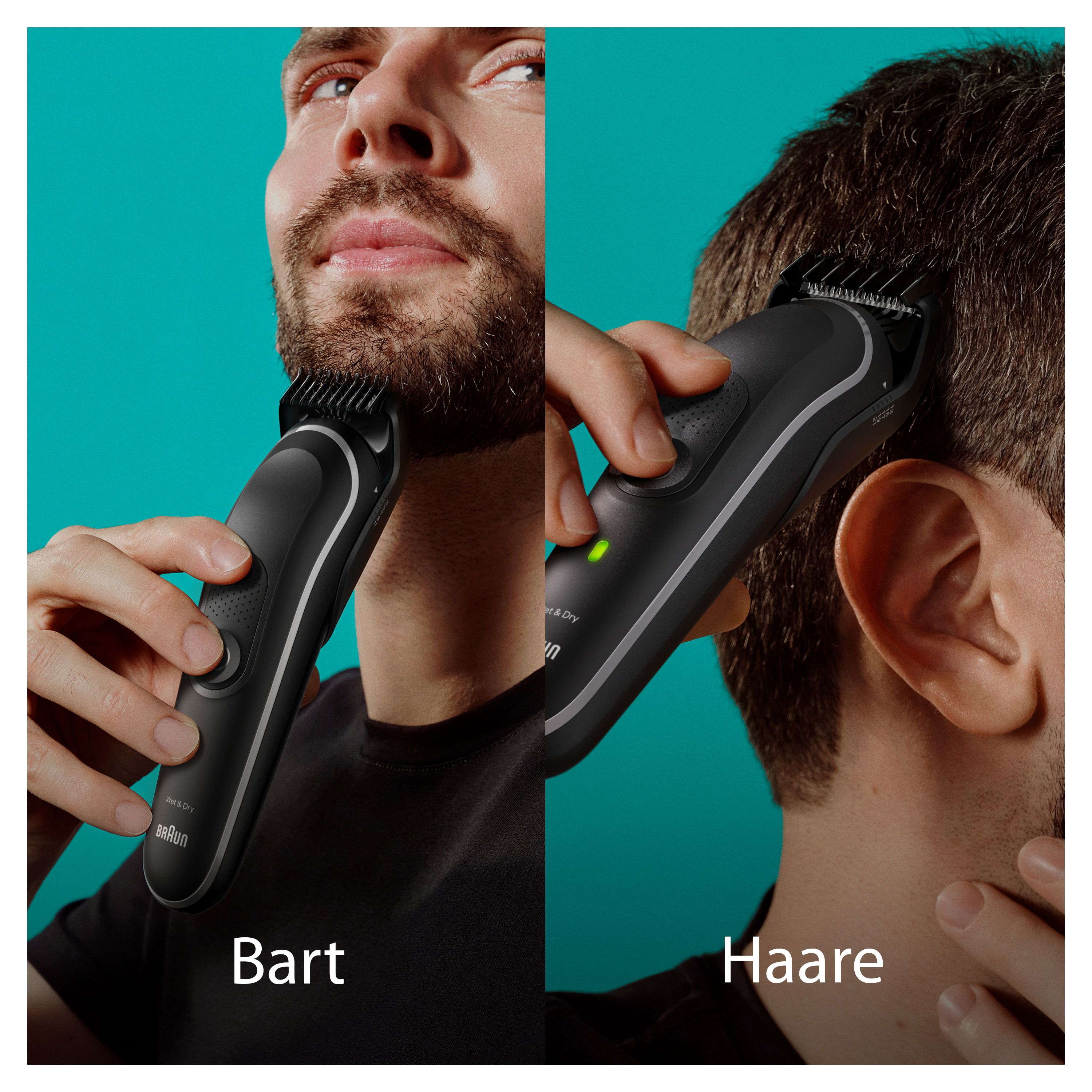 Mann rasiert Bart und Haare mit schwarzem Braun MGK5440-Trimmer. Text: Bart, Haare. Grünes Licht an.