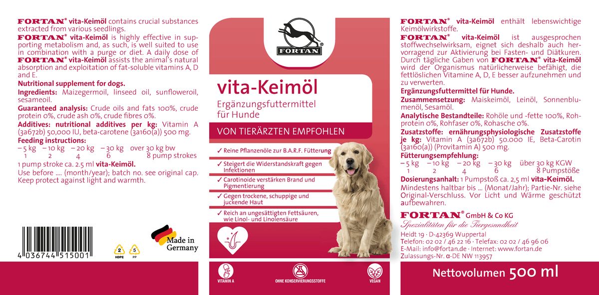 Etikett mit Produktinformationen. Aufschrift: vita-Keimöl. Abbildung eines Hundes. Mit Inhaltsangaben und Dosierung.
