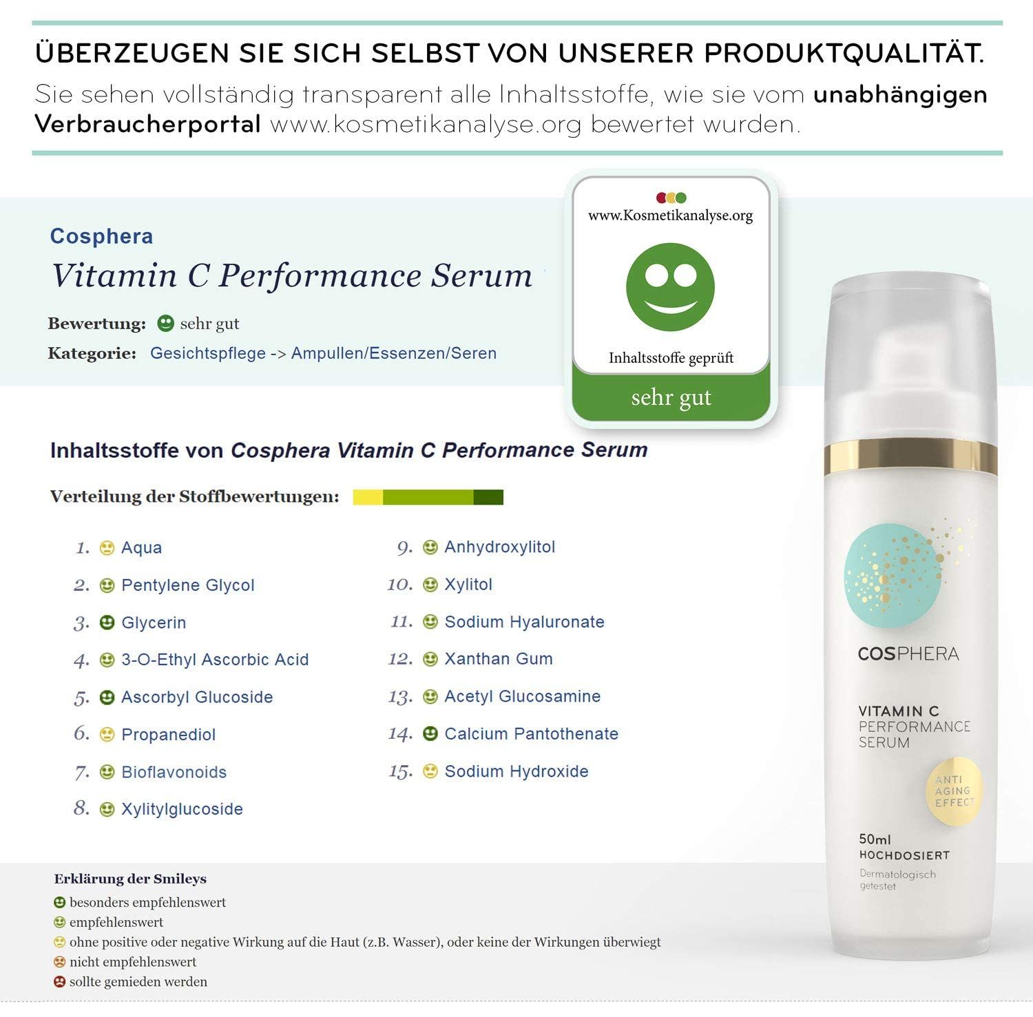 Cosphera Vitamin C Performance Serum mit Bewertung 'sehr gut' und Inhaltsstoffliste.
