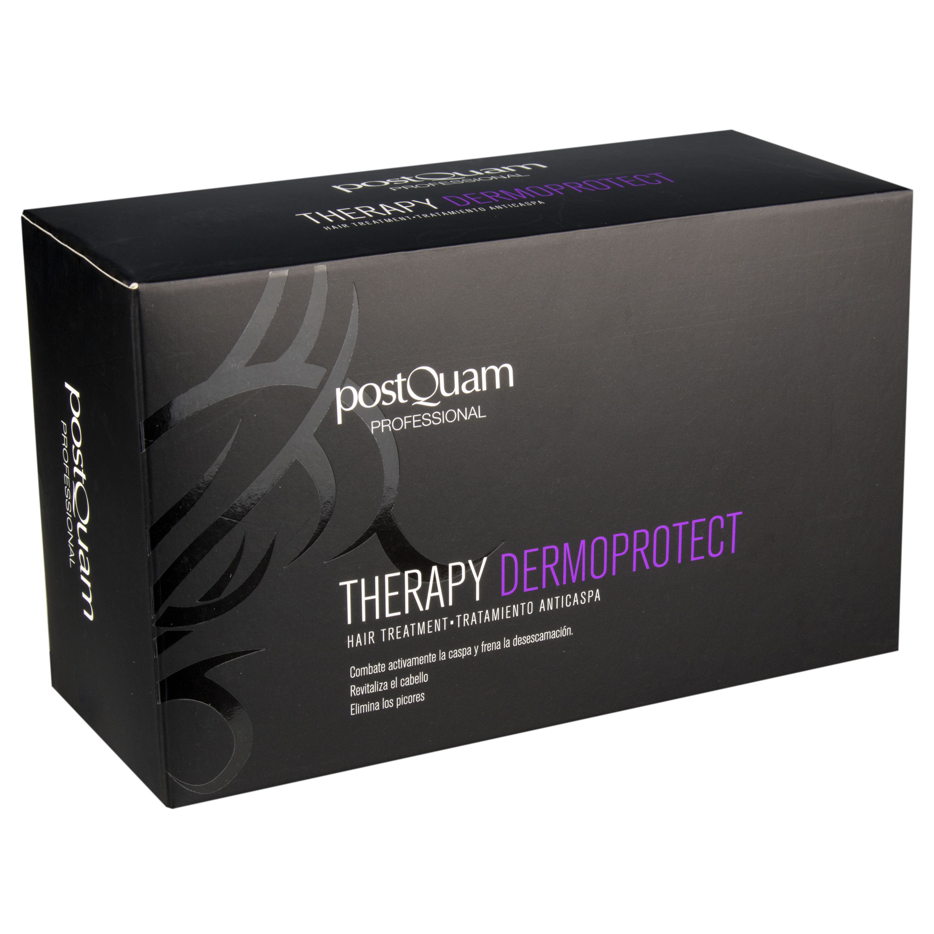 Schwarze Verpackung mit Produktnamen und Logo. Text: THERAPY DERMOPROTECT, HAIR TREATMENT. Marke: PostQuam Professional.